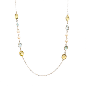 Lemon quartz, aquamarine & pearl chain